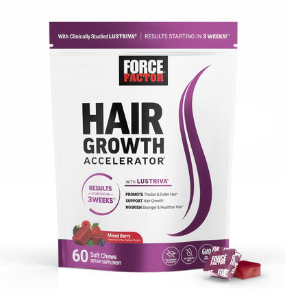Force Factor Hair Growth Accelerator Soft Chews, Hair Growth Vitamins for Women and Men with Clinically Studied Lustriva and Biotin, Promotes Thicker, Fuller, Stronger Hair, Mixed Berry, 60 Soft Chews